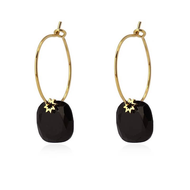 Black natural stone on 14K gold plated hoop earring