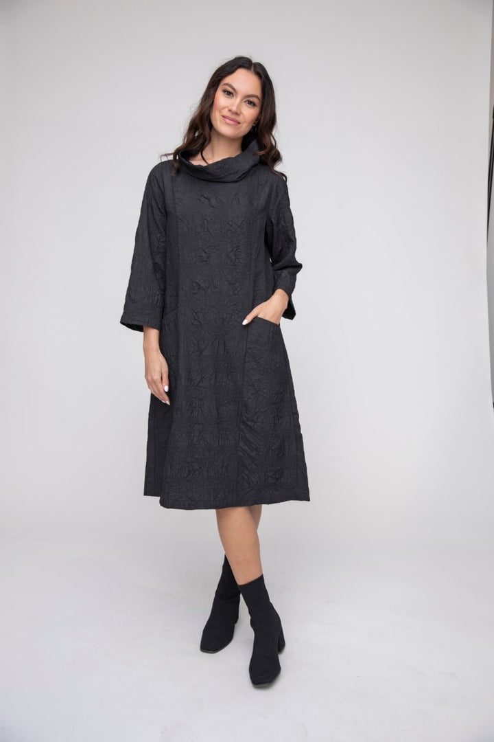 Windowpane Crinkle Cowl Dress in Black