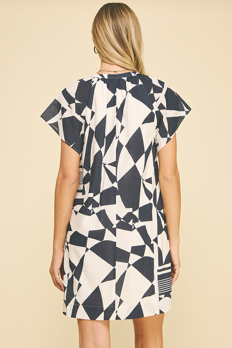 Print Woven Mini Dress in Navy/Ivory