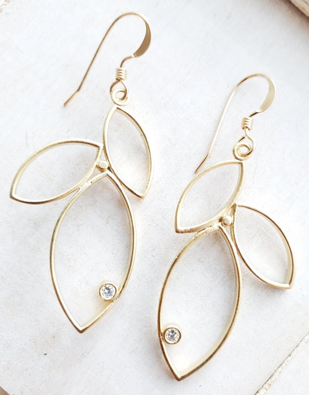 Gold Triple Leaf w/ Crystal Earrings