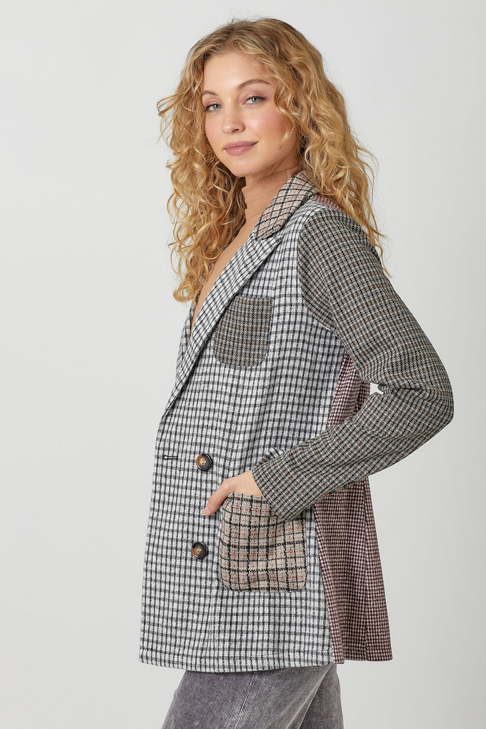 Mixed Plaid Double Breasted Blazer