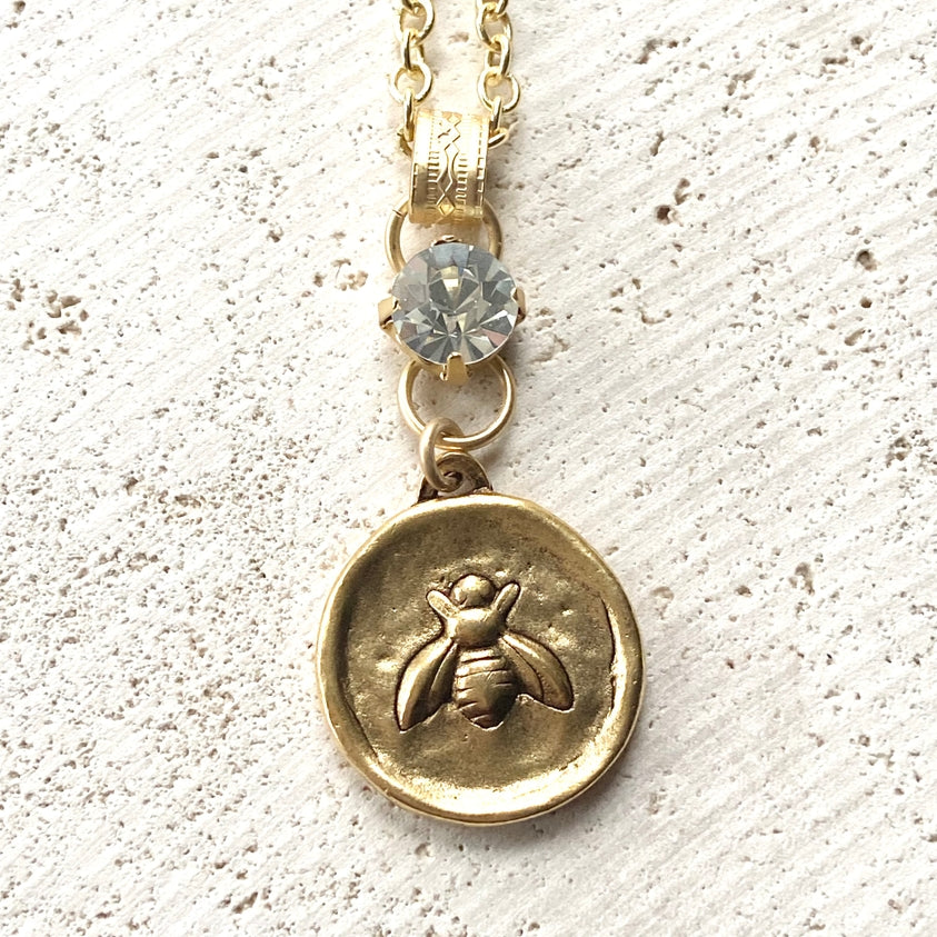 Bee Pendant with Swarovski Crystal Gold Necklace