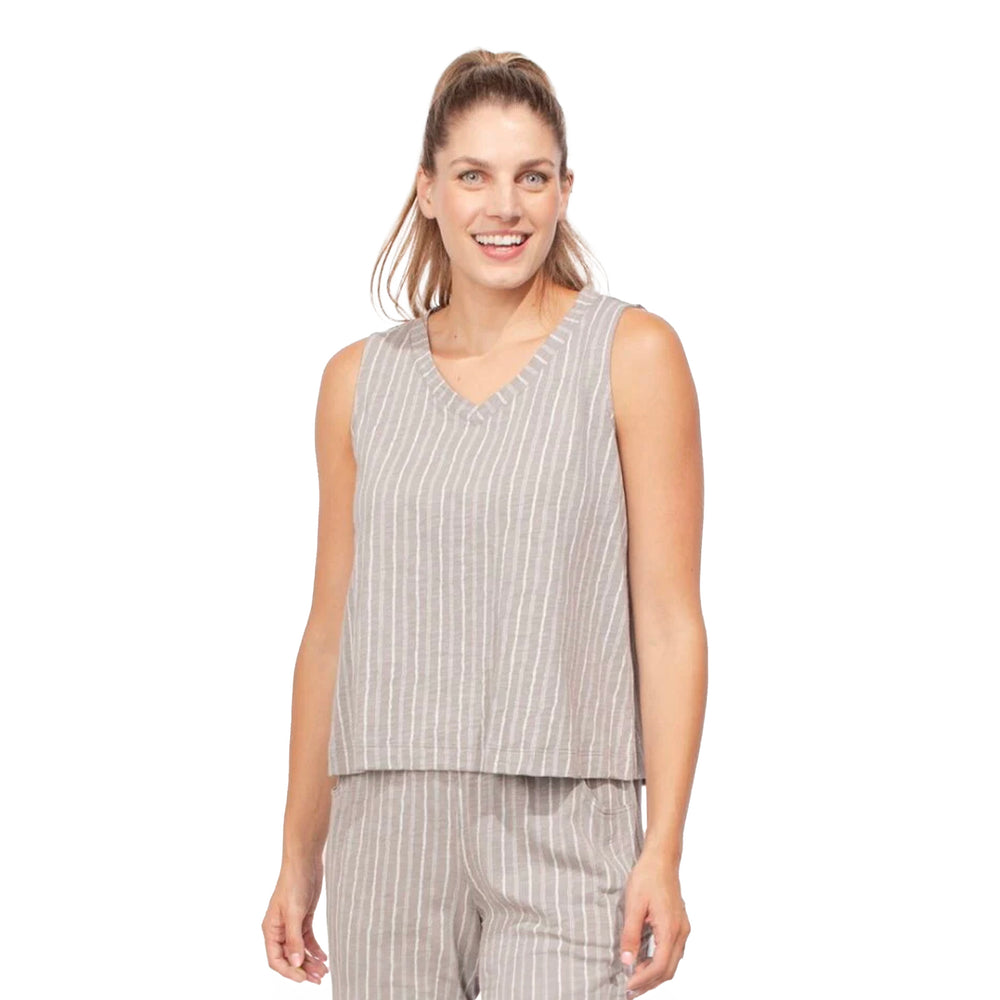 Cotton Slub V-Neck Tank in Gray Stripe