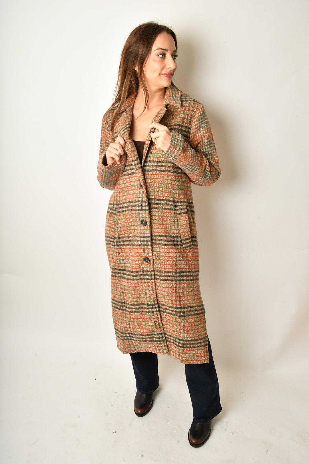 Mixed Media Coat in Taupe and Pumpkin