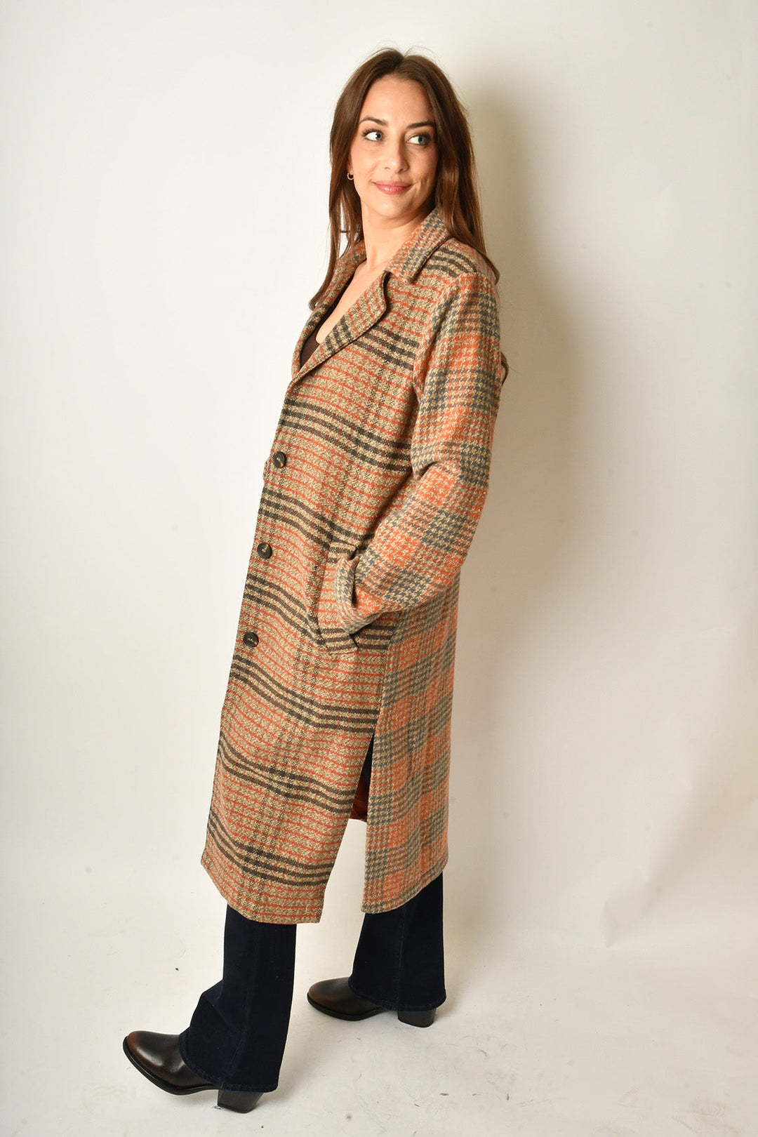 Mixed Media Coat in Taupe and Pumpkin