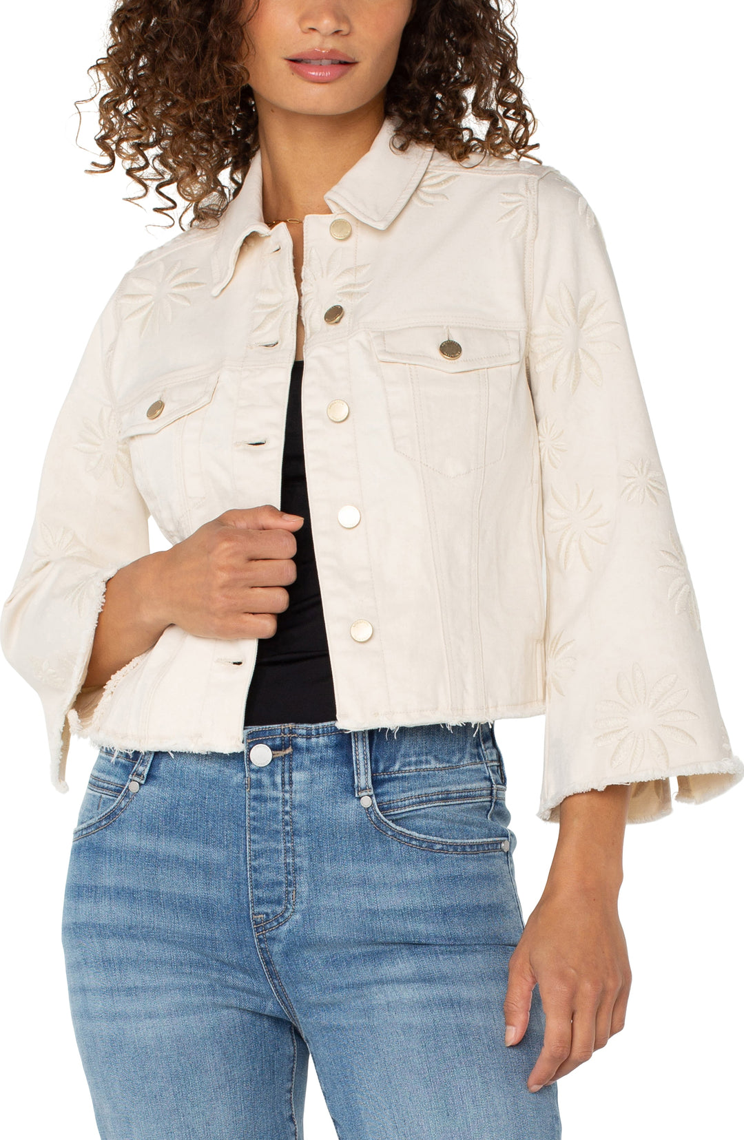 Embroidered Flowered Jacket with Wide Sleeves