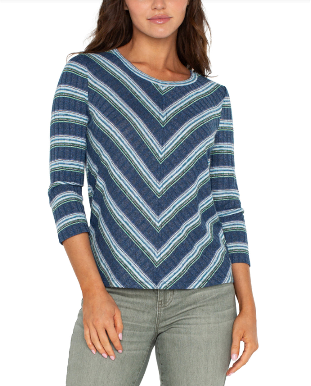 Miter Front Knit Top 3/4 Sleeve in Blue Multi Color