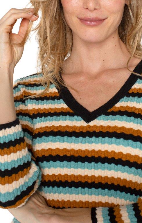 V Neck Light Sweater 3/4 Sleeve in Ocean Multi Stripe