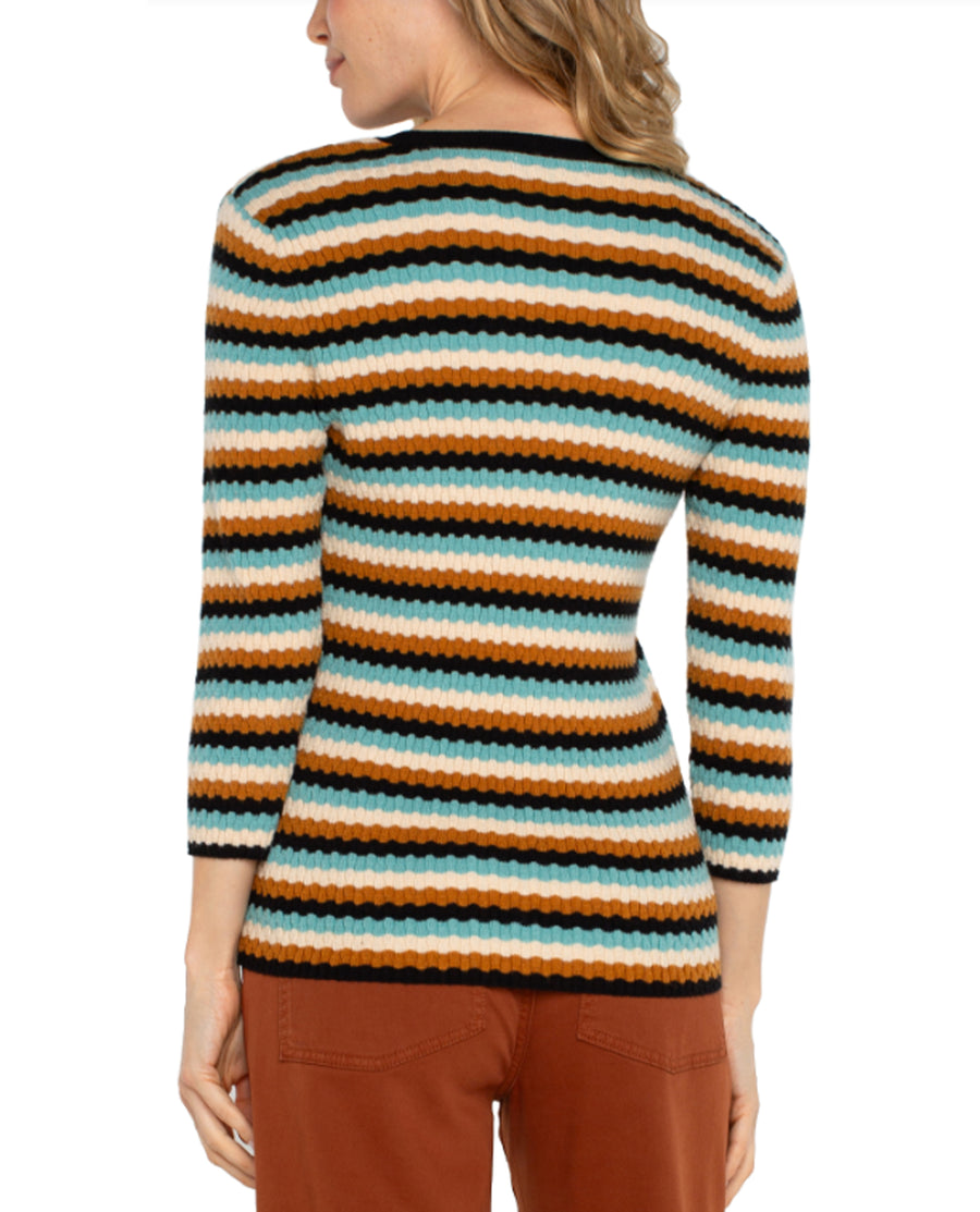 V Neck Light Sweater 3/4 Sleeve in Ocean Multi Stripe