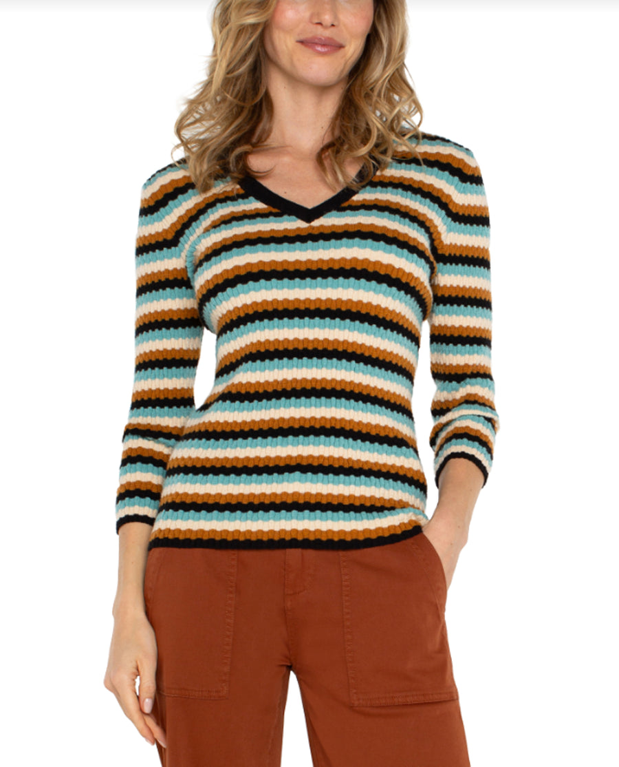 V Neck Light Sweater 3/4 Sleeve in Ocean Multi Stripe