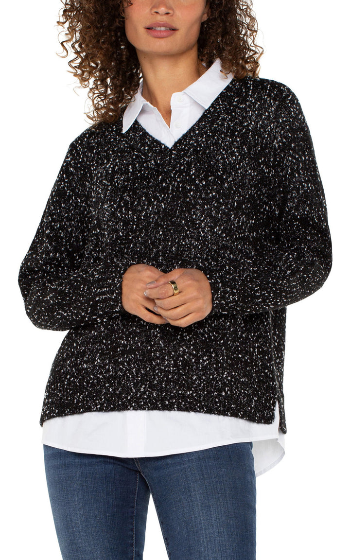 Long Sleeve Twofer Collared Sweater in Black