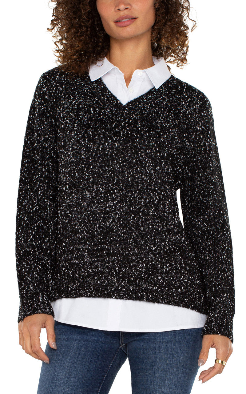 Long Sleeve Twofer Collared Sweater in Black