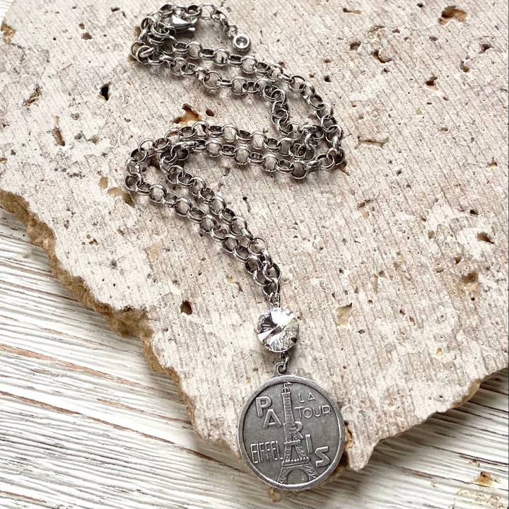 Paris France French Coin Necklace in Silver