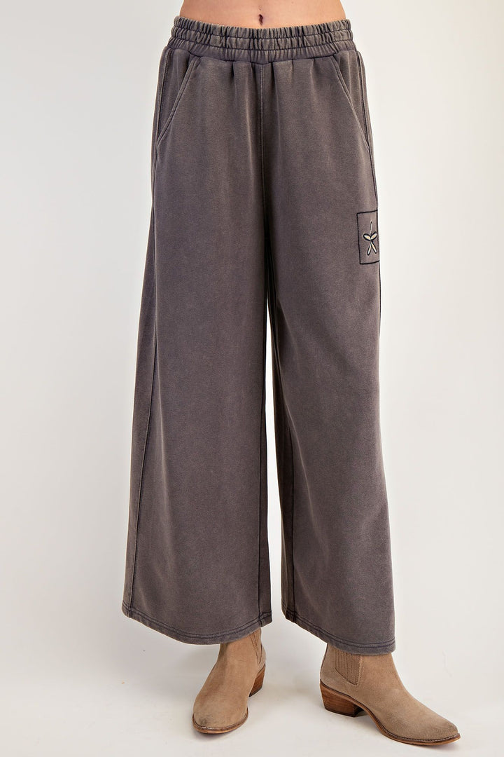 Mineral Washed Embroidered Flower Pants in Ash