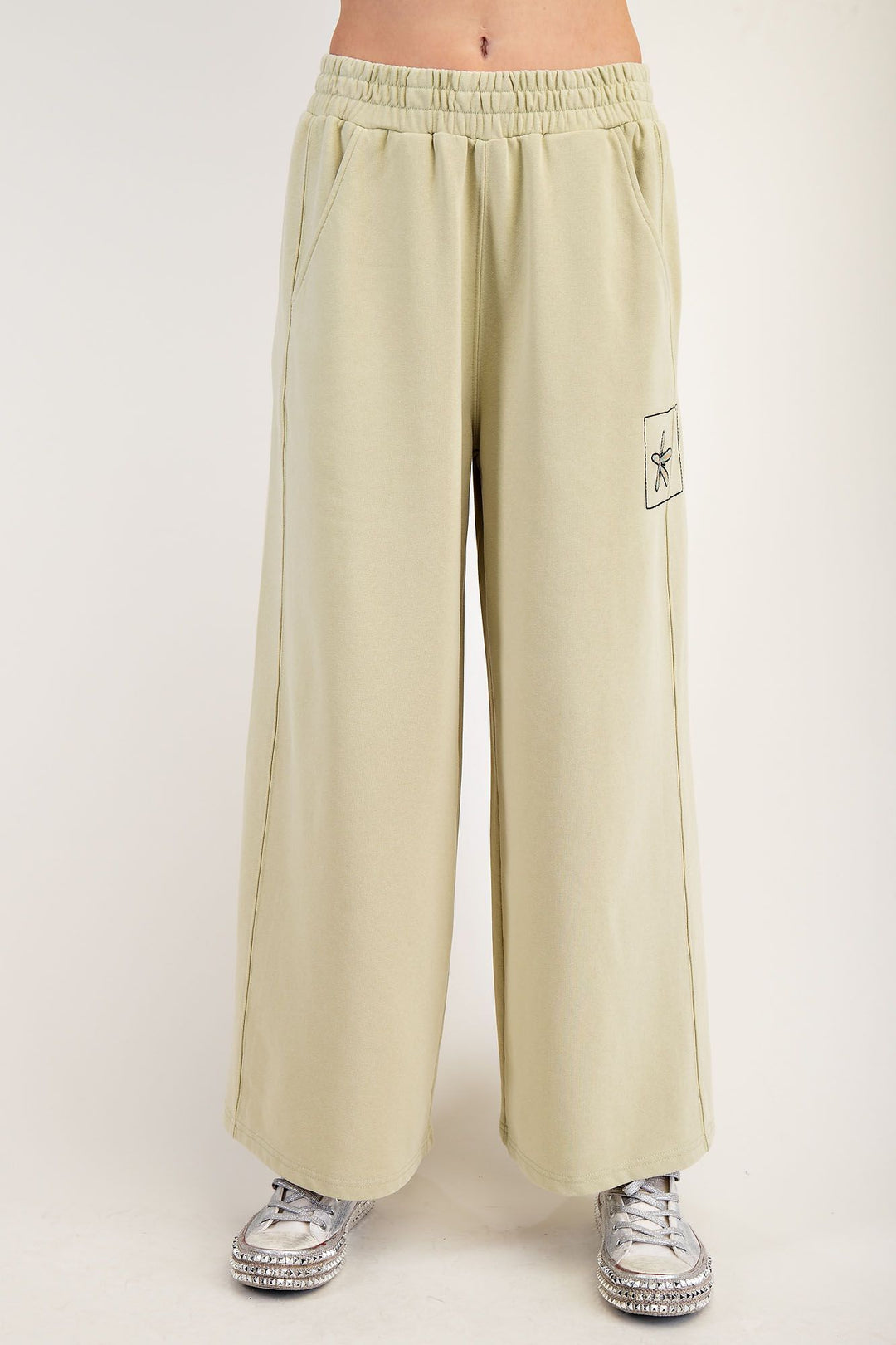 Mineral Washed Embroidered Flower Pants in Matcha Latte