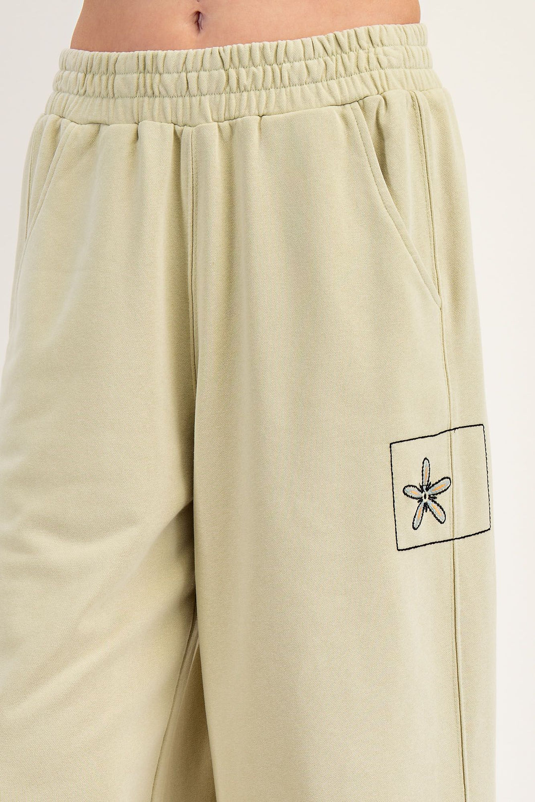 Mineral Washed Embroidered Flower Pants in Matcha Latte