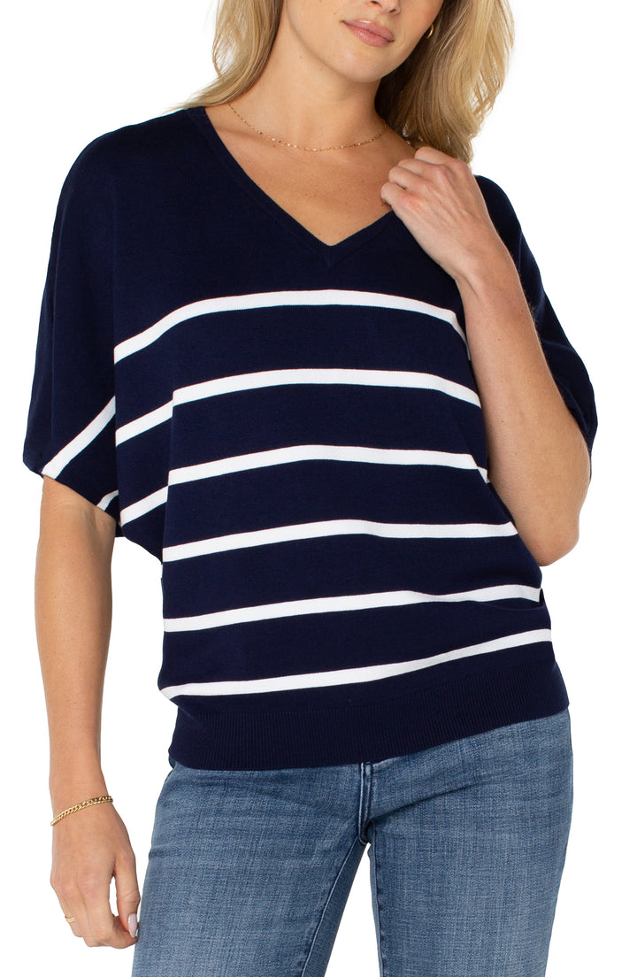 Short Sleeve Dolman V-neck Sweater in Navy